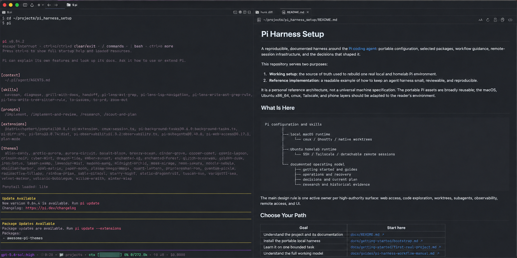 An earlier privacy-edited cmux workspace, with Pi on the left and project documentation on the right.